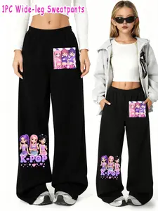 Girls' K-Pop Korean Style Wide Leg Pants, Spring & Fall Fashion Comfortable Casual Cartoon Print Summer Pants, Casual Comfy Pants, Perfect Christmas Gift
