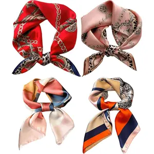 4 Pack Ribbon Headbands Women's Fashion Scarves 27.5 Inch Square Satin Scarf Trendy Color Block Head Scarf