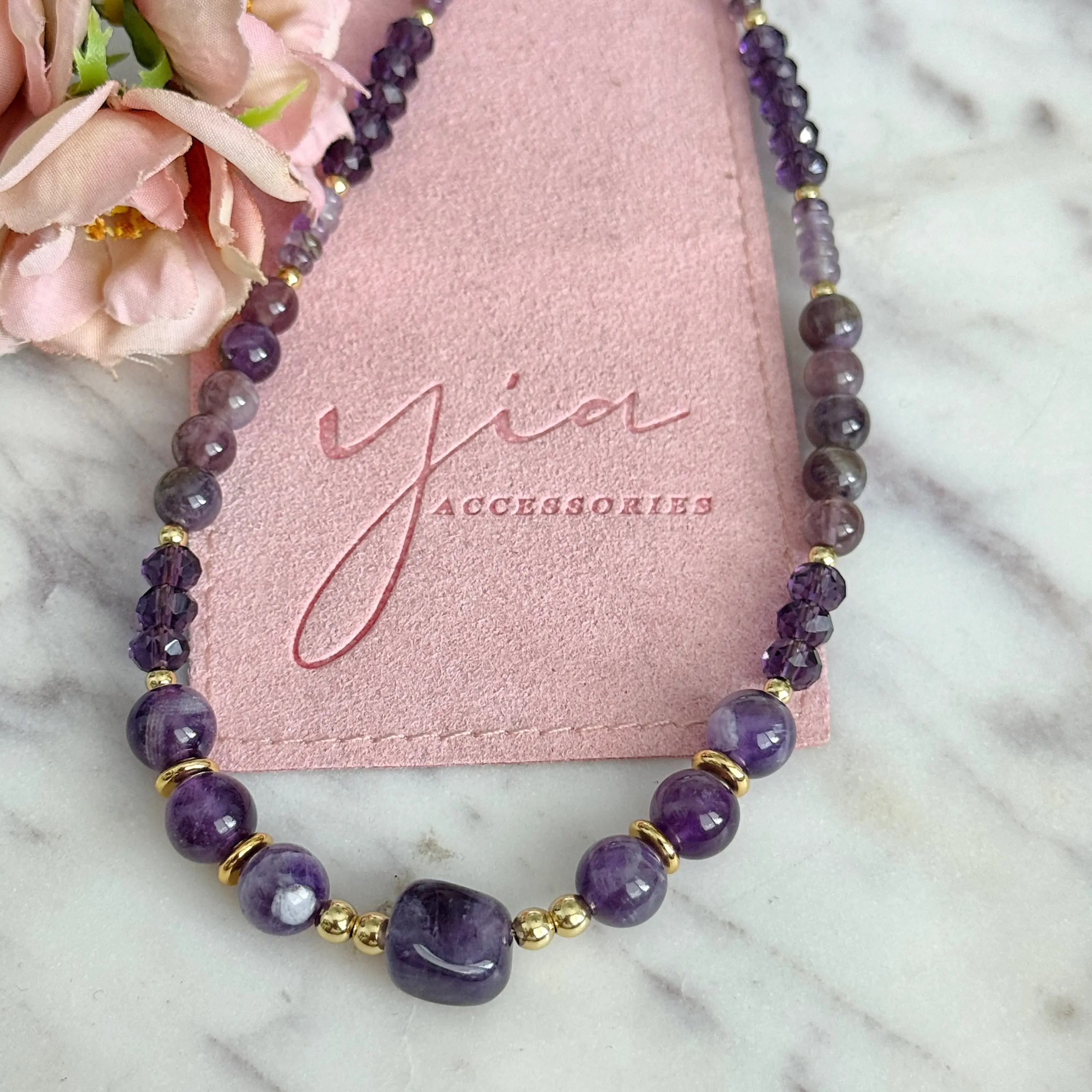 Dainty Natural Stone Necklace with Amethyst Gemstones, Gold Filled Chain for Women, Adjustable 17.5-19.5 Inches, Elegant Necklace, Adjustable Length