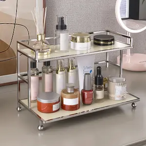 1 Pcs 2 Tier Bathroom Makeup Organizer Nordic Style Acrylic Vanity Organizer Metal Makeup Counter Organizer for Home Dresser Kitchen Spice Office