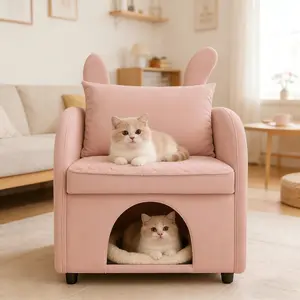 Velvet Pink Bunny-Ear Pet-Friendly Armchair, 2-in-1 Dual-Use Sofa Chair with Built-in Cat Dog Hideaway & Side Pocket, Cute Modern Accent Chair