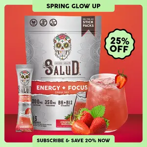 Salud 2-in-1 [Energy + Focus – Strawberry Margarita] Clean Energy Drink Mix, Agua Fresca, Organic Caffeine, B6 & B12, L-Theanine, Drink Packets, Non-GMO, Gluten Free, Vegan, Low Calorie, 1g Sugar (15 Servings), Spring Glow Up