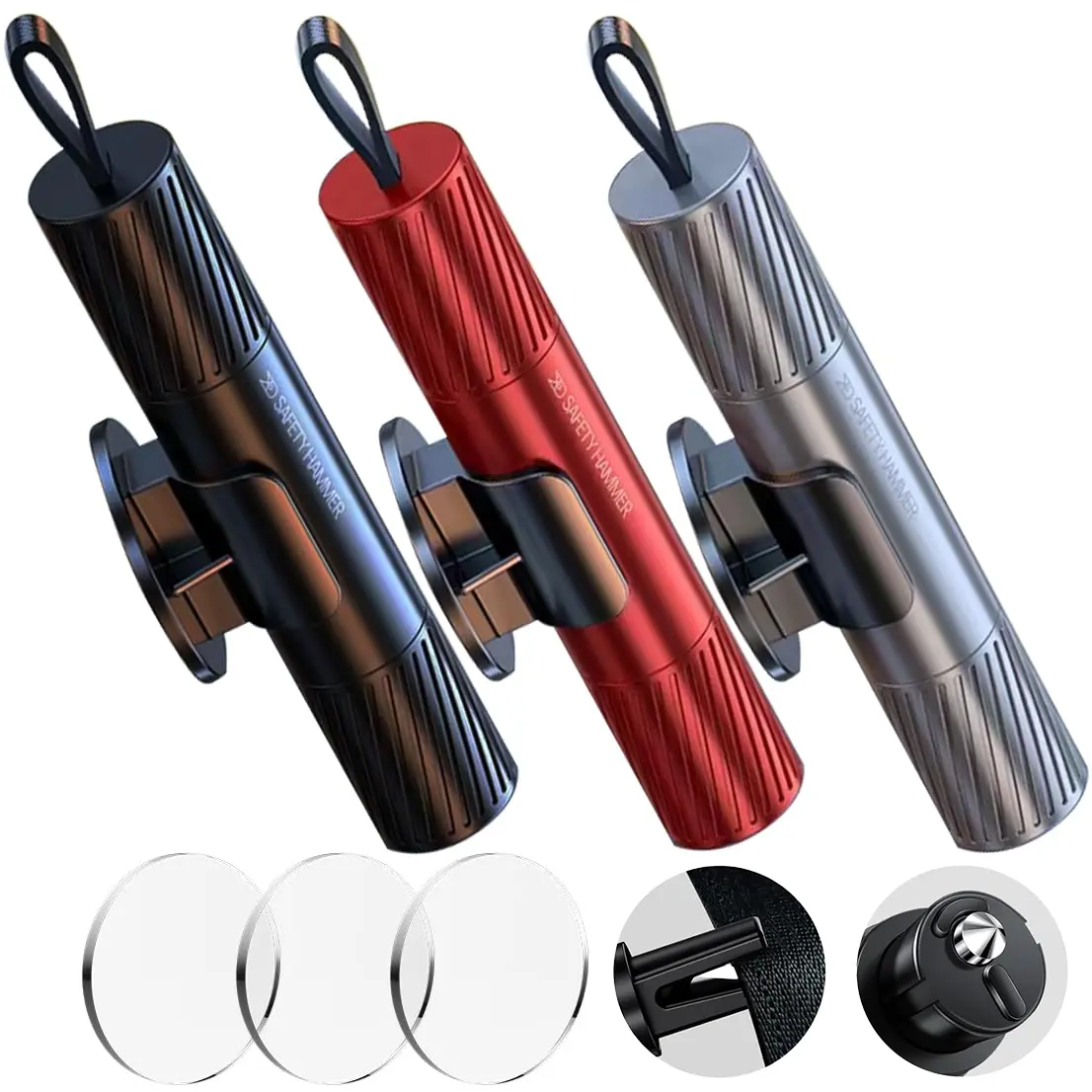 2026 Upgraded Compact Safety Hammer (3 Pieces) - Tungsten Steel Hidden-Tip Tempered Glass Breaker, Seatbelt Cutter, 20kgf Impact Force, Underwater-Functional Automotive Rescue Escape Tool for Drivers, Shattering Tempered Side Windows, Great Gift Idea