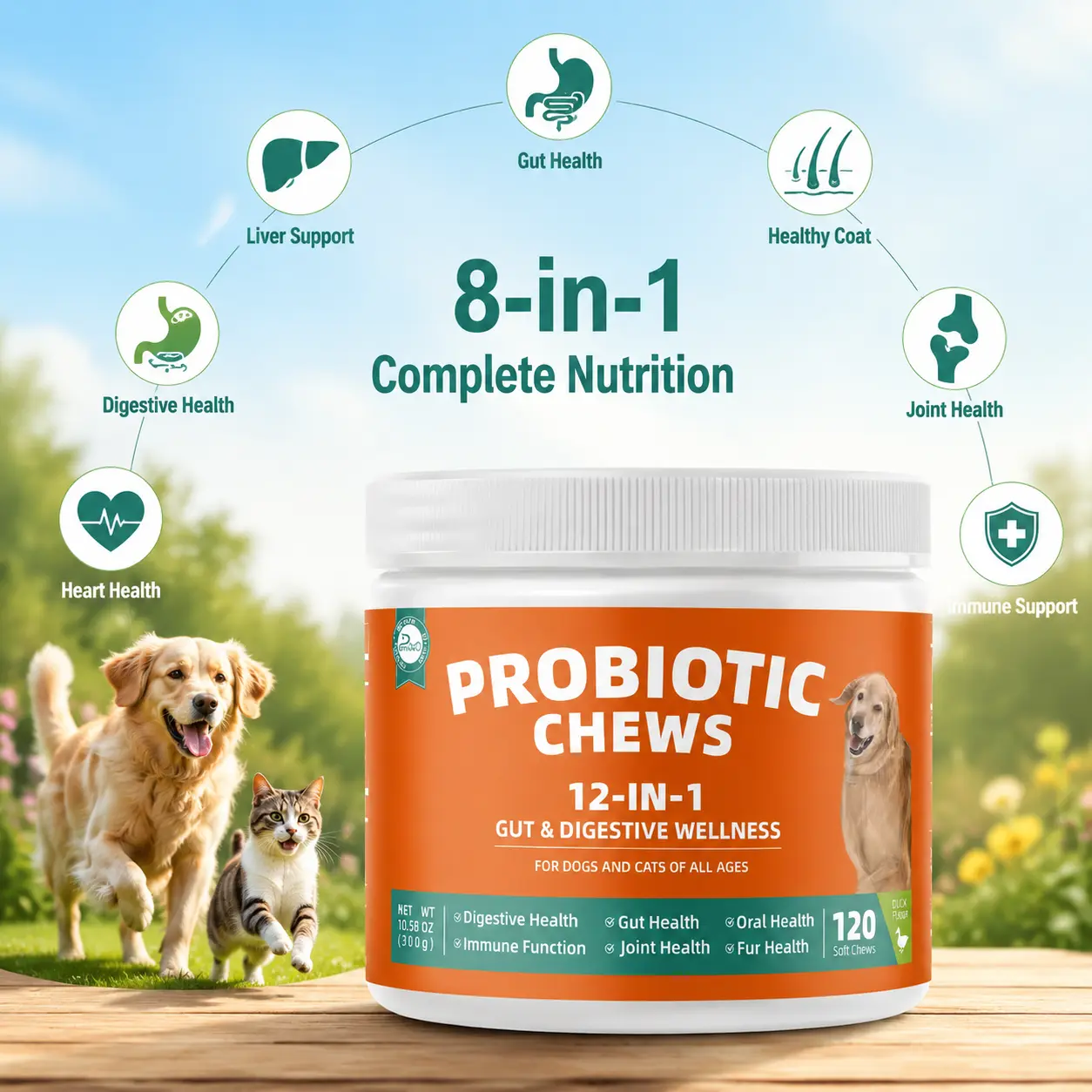 Pet Probiotics Chew Tablets - Natural Herbal Dog & Cat Supplement Snack, Relieves Bloating, Allergies, Stress, Supports Kidney & Gut Health