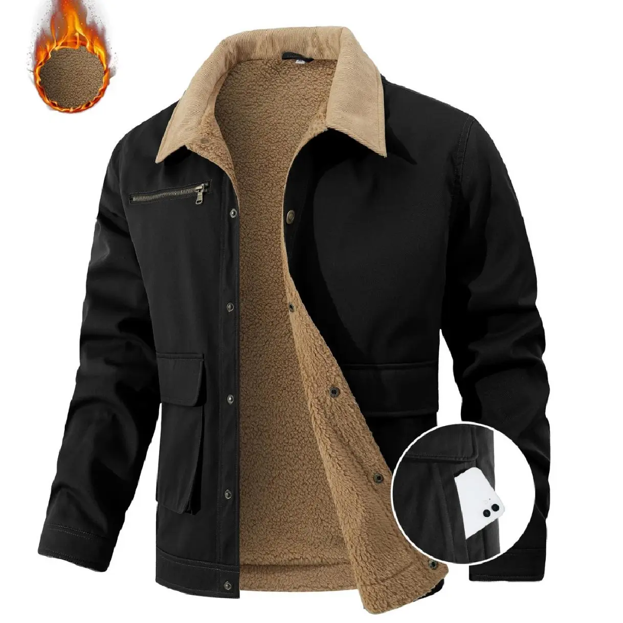 Men’s workwear jacket with corduroy collar and lamb fleece lining, featuring a zippered chest pocket and front button closure; thick winter outerwear available in multiple colors, suitable for cold weather and outdoor wear.