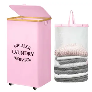 1 luxury laundry basket: 29.06-gallon, foldable with lid & wheels. Casual polyester rectangular storage for various rooms, with lined mesh pockets and handles.