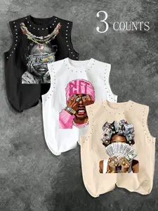 Men's Street Style Rivet Hip-Hop Print Sleeveless Vest, Streetwear Tops, Loose Drop Shoulder Fit, Comfortable Fabric, Trendy Heavyweight Three-Piece Set