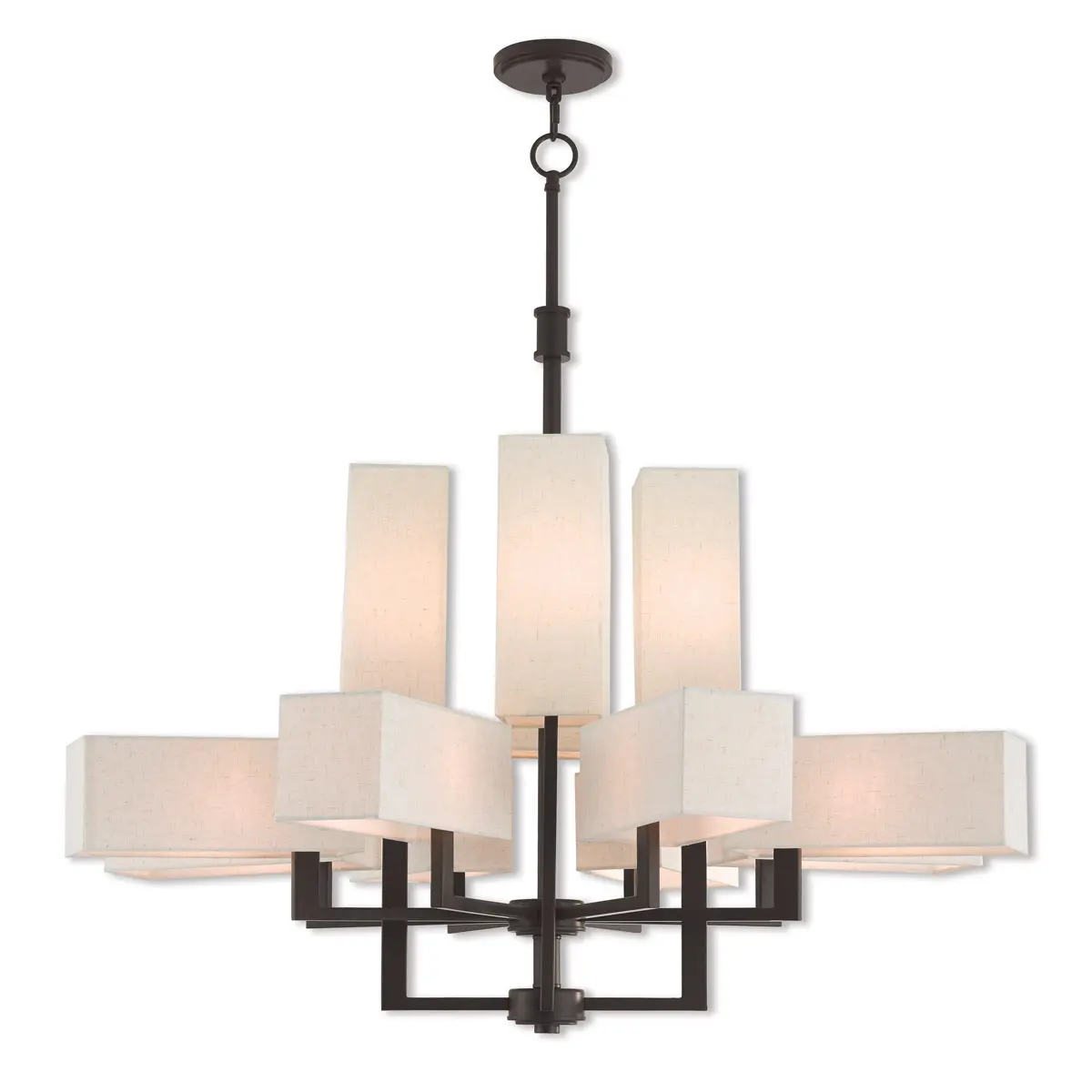 12 Light Bronze Foyer Chandelier with Hand Crafted Oatmeal Color Fabric Outside & White Fabric Inside Hardbacks Shade