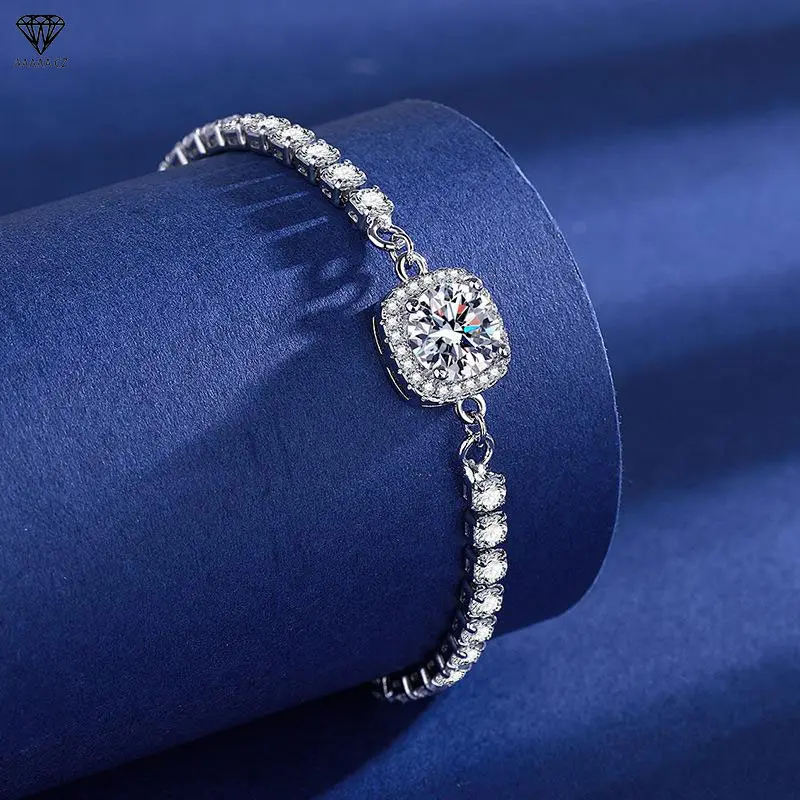 Women's 925 Silver Square-Cut Moissanite Tennis Bracelet — Silver Bracelet Featuring Square-Cut Stones and Cubic Zirconia Accents (Bridal Style) — Bezel-Set Tennis Bracelet (Diamond Simulant)