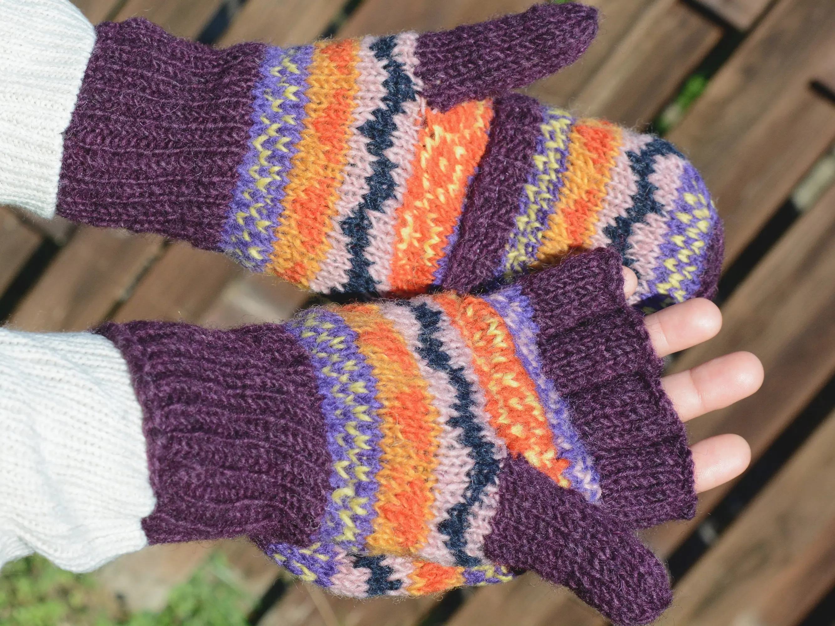 Purple Namche Hand Knit Convertible Mitten, winter gloves with Fleece Lining, Comfy and Warm.