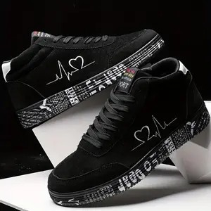 Women's High Top Skateboard Sneakers - Black and White Graffiti Design, Heartbeat Pattern, Lightweight Canvas Upper, Rubber Sole, Lace Up, Four Seasons Casual Shoes, Casual Skateboard Shoes |     Graffiti Style Sneakers |     Fabric Lining,  (Rain Shoes &