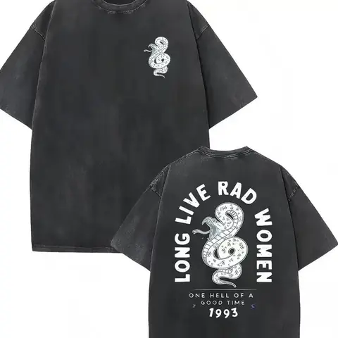Women's Washed Vintage Graphic Short Sleeve T-Shirt - "Long Live Rad Women" & Snake Print, Oversized Crew Neck, Soft Breathable Cotton, Retro Streetwear Fashion, Drop Shoulder Loose Fit, Leather Garment Jackets Compatible Summer Top Black Minimalist, Casu