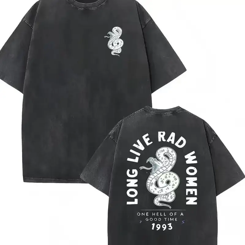 Women's Washed Vintage Graphic Short Sleeve T-Shirt - "Long Live Rad Women" & Snake Print, Oversized Crew Neck, Soft Breathable Cotton, Retro Streetwear Fashion, Drop Shoulder Loose Fit, Leather Garment Jackets Compatible Summer Top Black Minimalist, Casu