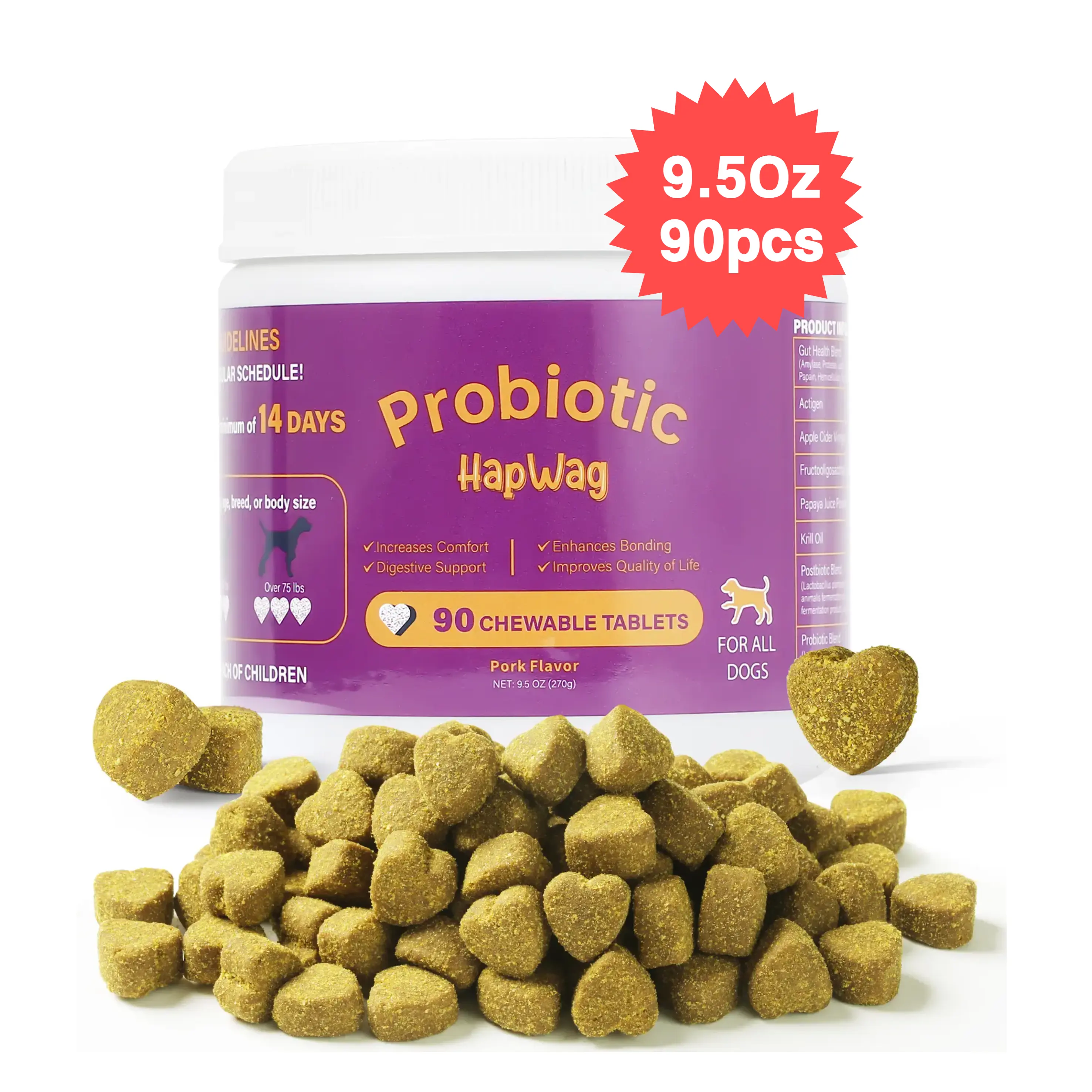 HAPWAG 8-in-1 Natural Pork Flavor Multivitamin Soft Chew Dog Supplements - Probiotics, Gut Support, Immune Support - 9.5Oz (270g), 90-Count Health Treats