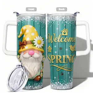 1pc, 40oz/30oz/20oz/14oz Stainless Steel Cup Welcome Spring Gnome with Daisy Floral Double Wall Vacuum Insulated Cup, Leakproof Lid & Carry Handle Travel Mug for Outdoor Camping Hiking, Gift for
