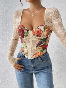 Fashion Holiday French Court Vintage Oil Painting Drawstring Waist Bodysuit Lace Patchwork Long Sleeve Floral Printed Bodycon Top Outerwear