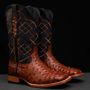 Men’s Cognac Ostrich Leather print Boots - Square Toe