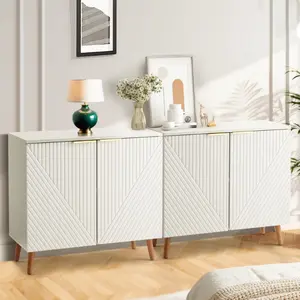 Stylish White Fluted Sideboard Cabinet with Adjustable Shelves & Multifunctional Wooden Accent Cabinet with Doors, Buffet Storage for Living Room, Dining Room, Entryway, White/Black