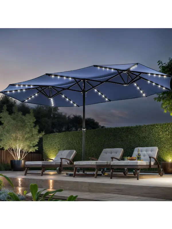 DWVO 15ft Double-Sided Patio Umbrella ,Base not included, w/ 48 Solar-Powered LED Lights, UV Resistant & Waterproof Navy Blue, Claret-red