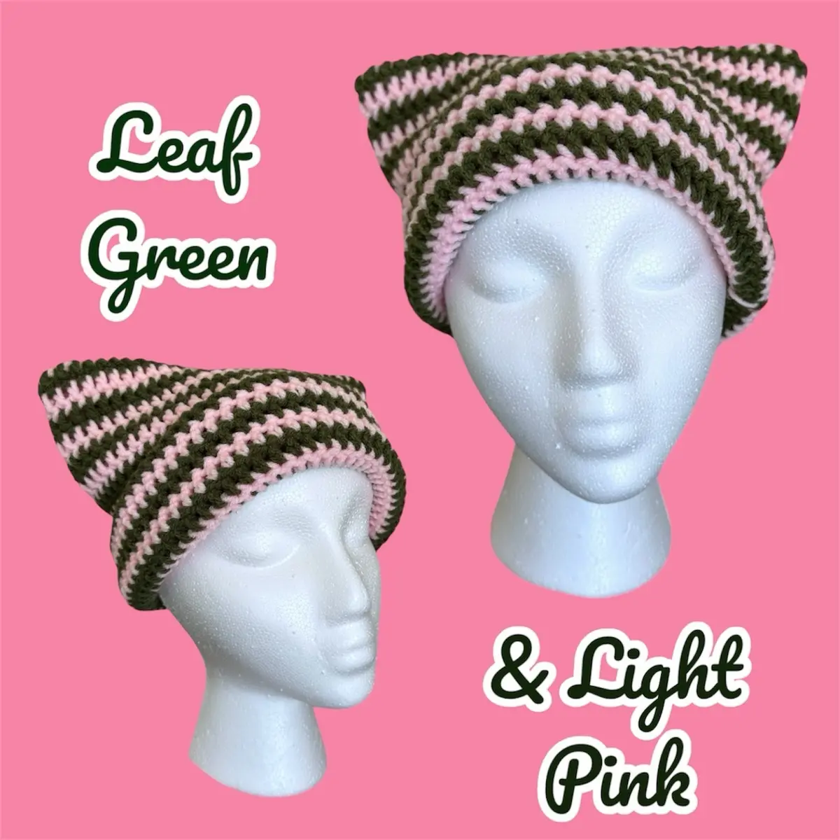 LIGHT PINK Striped Custom Cat Beanie - Crochet - Handmade 100% Acrylic Yarn, Designed to Fit Most Head Sizes
