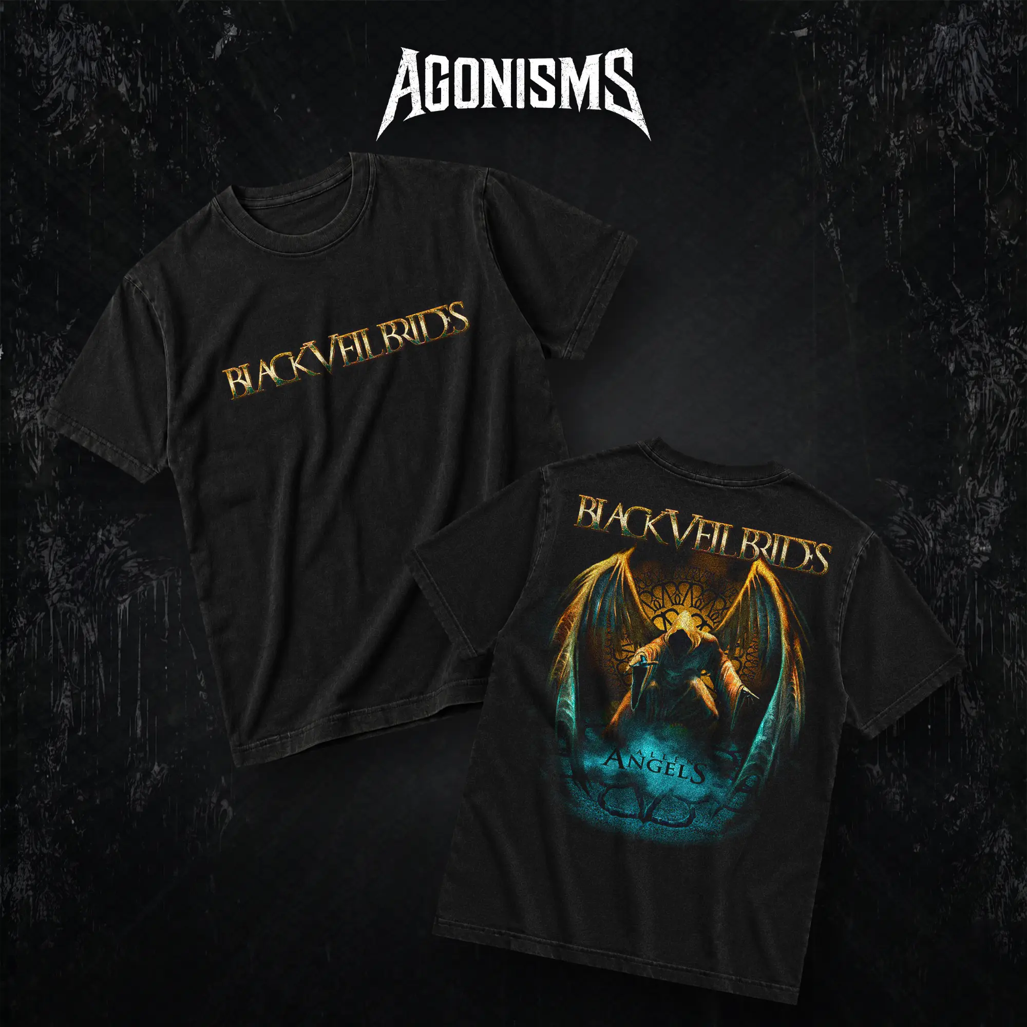 AGONISMS Black Veil Brides Fallen Angels Heavy Cotton Washed Tee Direct-To-Garment Breathable Printing For Rock Music Lovers Gift For Gothic Punk Emo Unisex Merch For Metal Music Lovers