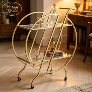 Gold Rolling Bar Cart, 2-Tier Mirrored Glass Serving Cart with Lockable Wheels, Modern Round Wine Storage Trolley for Home Bar Kitchen Party outdoorfun
