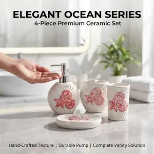 Bathroom decor set,Luxury 4-Piece Ceramic Bathroom Accessory Set - Includes Soap Dispenser, Toothbrush Holder, Tumbler, Soap Dish - Coastal Shell Design for Modern Home Decor