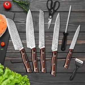 Dfito 8 PCS Chef Knife Set, High Carbon Stainless Steel Chef Knives Set with Gift Box, Pakkawooden Handle Knife, Wood Handle, Ultra Sharp, Non-Stick Knife Cleaver Cooking Kit, Japanese Damascus Style Chef Knife Kitchen Knive, Meat Cleaver, Paring Knife, S