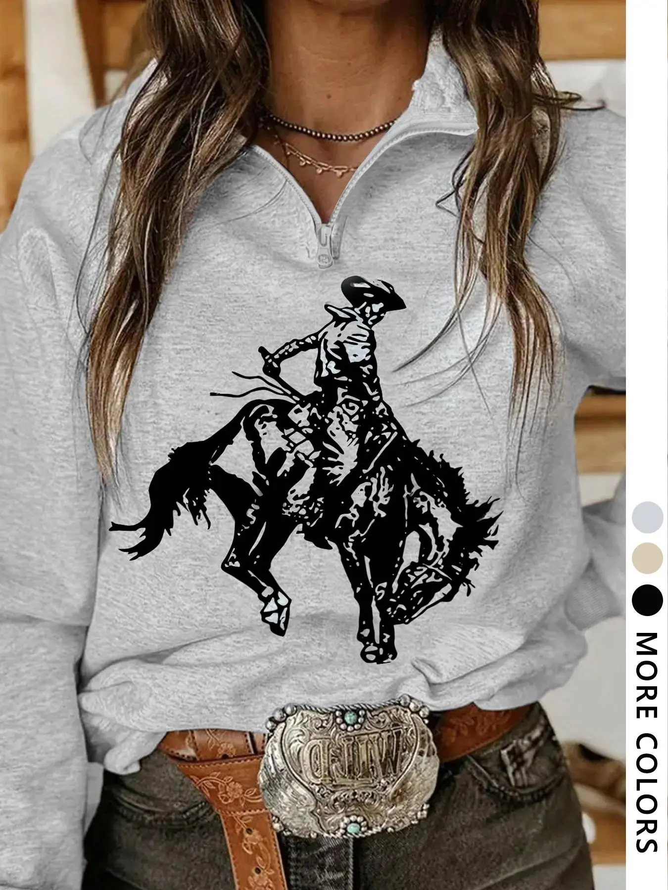 Women's Cartoon Cowboy Print Loose Pullover Sweatshirt, Casual Long Sleeve Top for Daily Wear, Ladies Clothes for All Seasons, Womenswear, Aesthetic