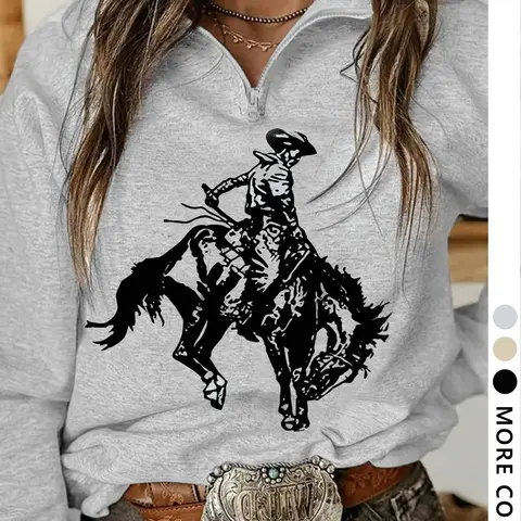 Women's Cartoon Cowboy Print Loose Pullover Cute Sweatshirt, Casual Sweatshirts, Casual Long Sleeve Top for Daily Wear, Ladies Clothes for All Seasons, Womenswear