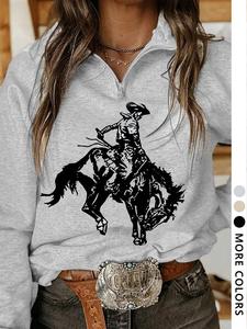 women's cartoon cowboy print pullover sweatshirt, casual long sleeve   top for daily wear, ladies clothes for all seasons