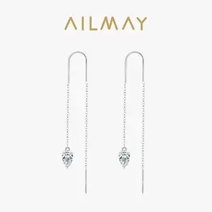 Ailmay 925 Sterling Silver Trendy Water Drop Zirconia Long Chain Tassel Dangle Earring For Women Girls Party Accessories Jewelry
