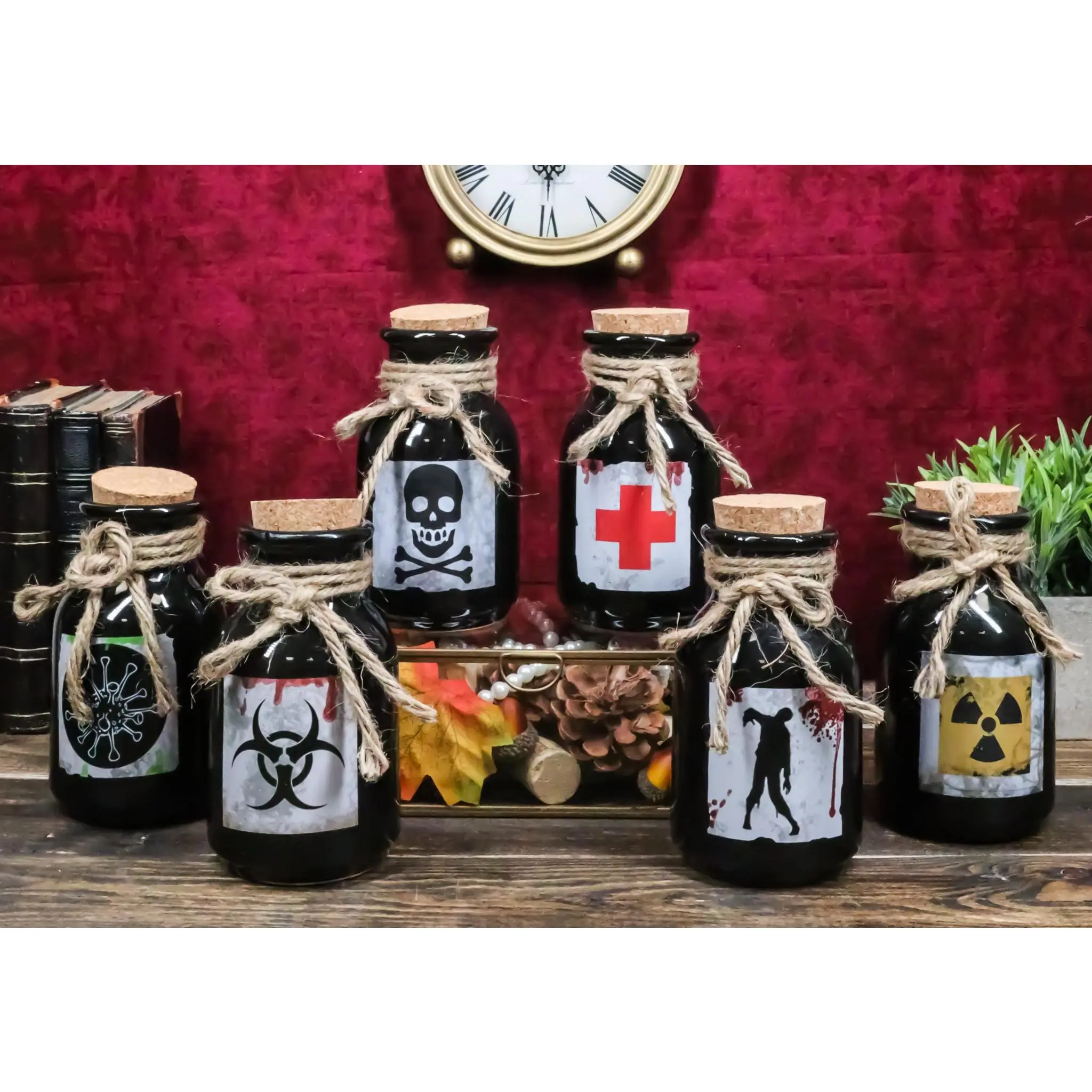 Ceramic Halloween Potion Bottles Set - Pack of 6 Voodoo Apothecary Mad Doctor Props, Ideal for Gifting (Kitchenware & Tableware Decor Accents)