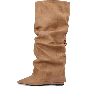 Burgundy Brown Pink Knee high boots Pointed-toe Fold Over Pleated Slip-on high wedge heels Slouchy Ruched Wide Calf Pull-on Tall Boot Dress boots