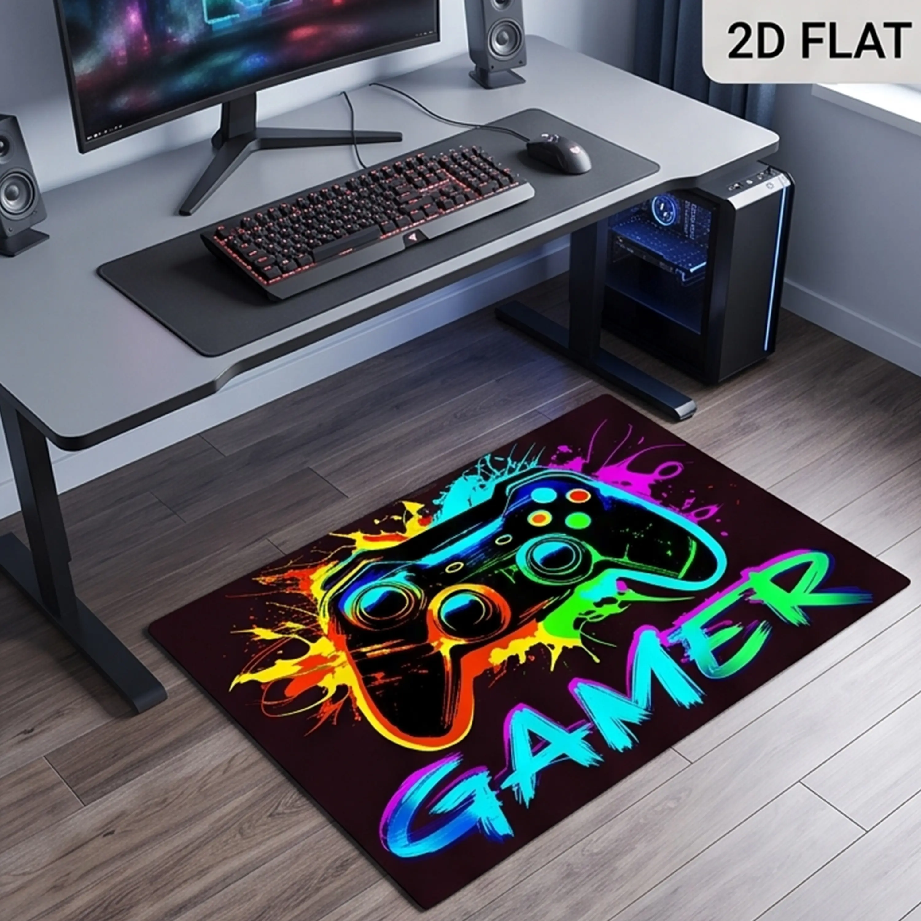 2D Flat Printed Vibrant Modern Game Controller Pattern Game Room Bath Mat, Water-Absorbent, Soft, Non-Slip, Durable, Rubber-Backed, Ideal for Bathrooms, Bedrooms