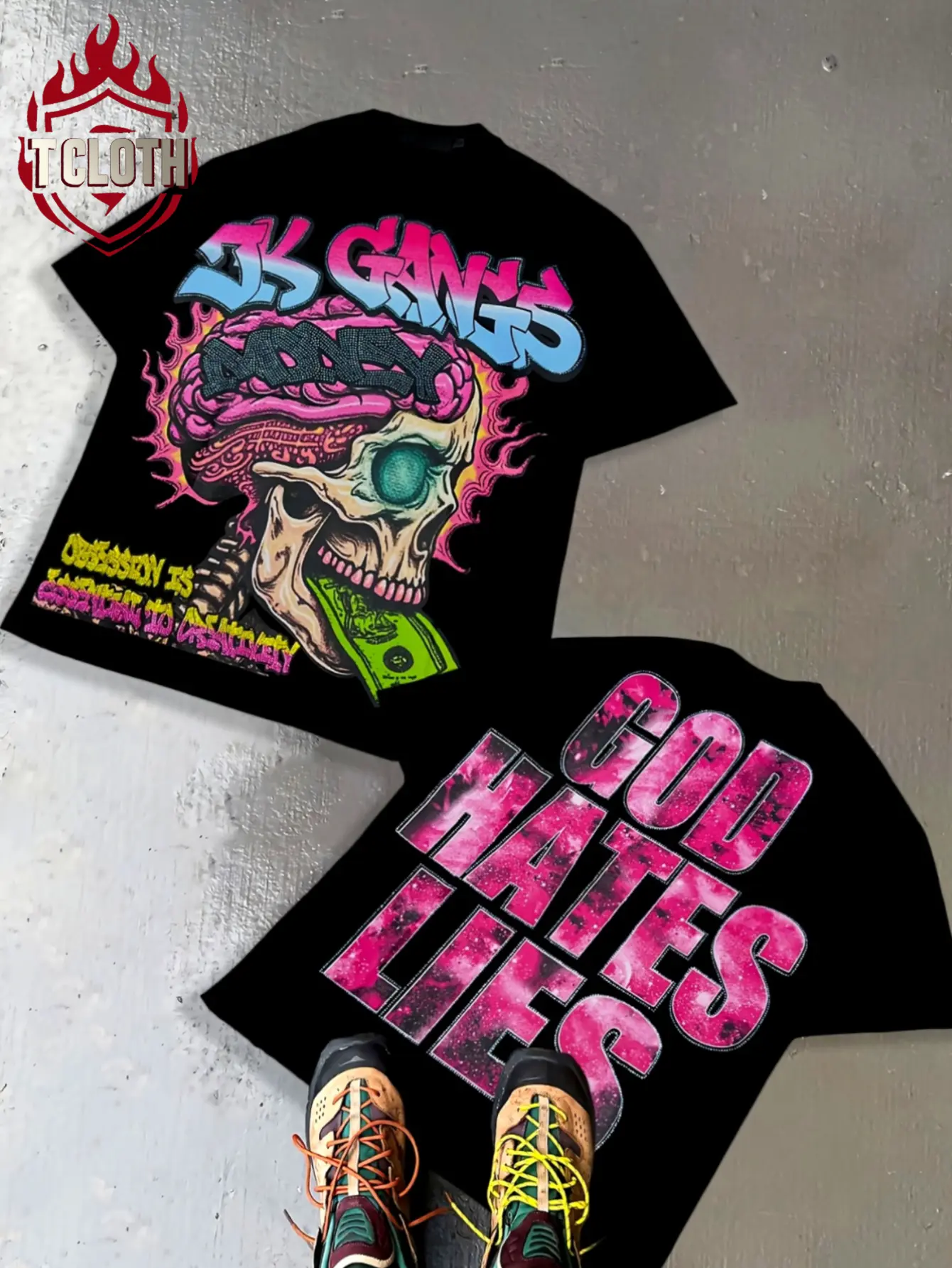 Skull And Brain Graphic Tee with Neon Colors And Money Design Streetwear Style Bold Typography for Men Urban Fashion Trendy Hip Hop Casual Wear Statement Shirt Artistic Print Edgy Look Modern Street Culture Fashion Must Have