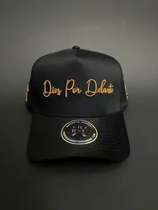 Dios Por Delante Black Hat with Brown Text and Logo, Adjustable Fit, Adjustable Closure, Adjustable Strap, Classic Design