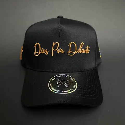Dios Por Delante Black Hat with Brown Text and Logo, Adjustable Fit, Adjustable Closure, Adjustable Strap, Classic Design