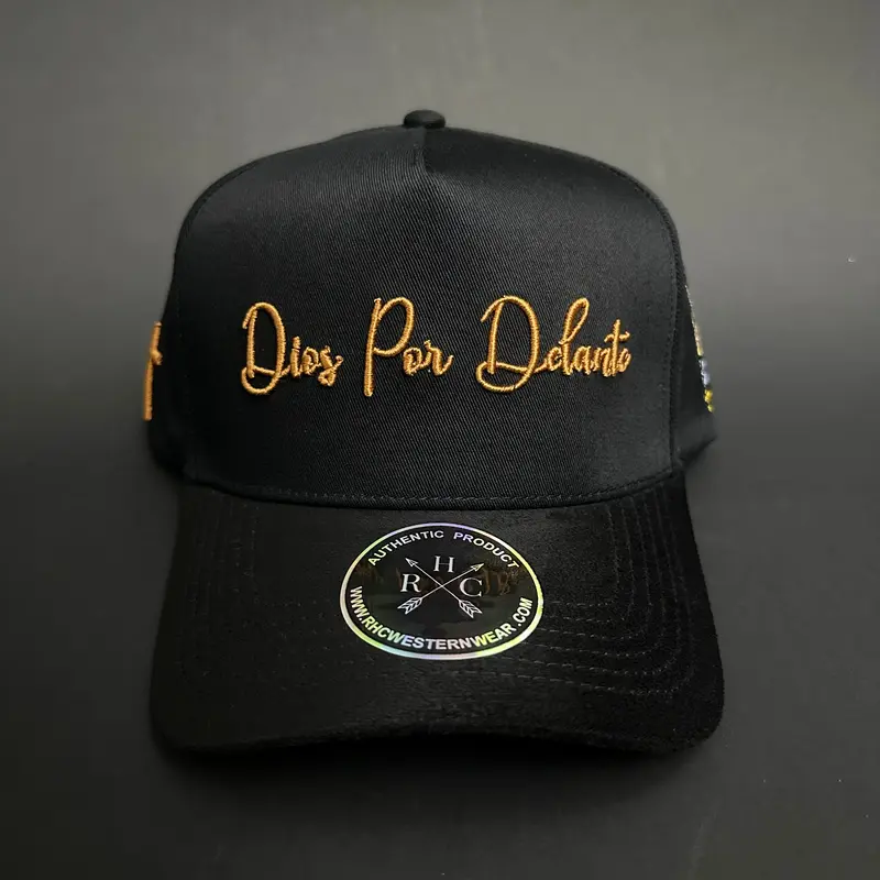 Dios Por Delante Black Hat with Brown Text and Logo, Adjustable Fit, Adjustable Closure, Adjustable Strap, Classic Design