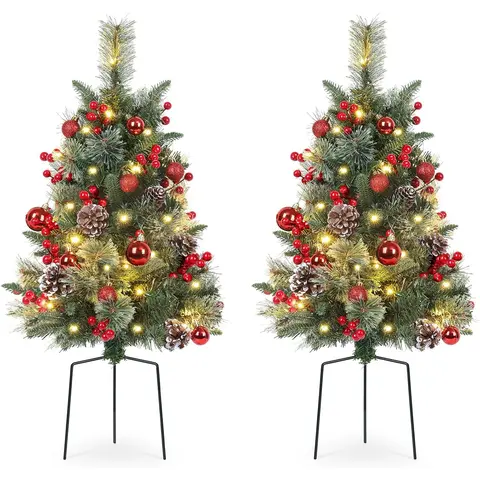 MATULSA 2/4Pack Prelit Cordless Christmas Trees for Outdoor - Durable Metal Frame, Battery-Powered, Floor-Mount, Fairy Lights, Mood Lighting, Red Berries, Pine Cones, Switch Accessory, Home Festive Decoration, Outdoor Ornament