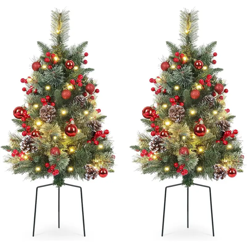MATULSA 2/4Pack Prelit Cordless Christmas Trees for Outdoor - Durable Metal Frame, Battery-Powered, Floor-Mount, Fairy Lights, Mood Lighting, Red Berries, Pine Cones, Switch Accessory, Home Festive Decoration, Outdoor Ornament