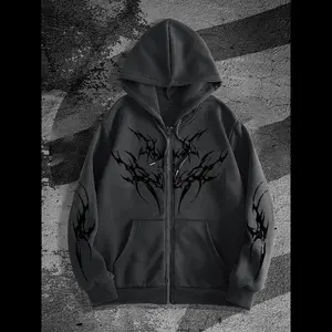 Y2K Gothic Dark Style Printed Zipper Hoodie, Fashion Fitted Long Sleeve Streetwear for Casual Occasions, Fall & Winter New Arrival, Menswear