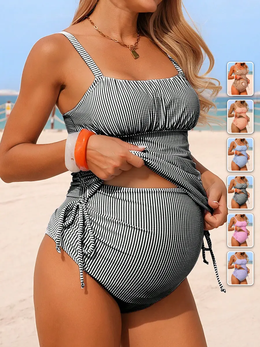 Maternity Swimsuit Set Blue White Striped Comfortable Summer Beach Vacation