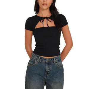 Women's Sexy Tie Round Neck Short Sleeve Top - Black Polyester Fiber Summer Blouse, Hollow Detail, Suitable for Daily Wear and Parties, Daily Wear Blouse|Fashion Sleeveless Top|Woven texture, women's shirt