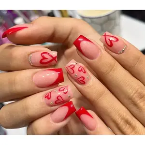 Red French Tips Press On Nails With Rhinestones And Heart Designs