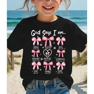 Girls' Christian Faith T-Shirt - Pink with "God Says I Am" Bible Verse Print, Soft Everyday Church Outfit for Easter, Sunday