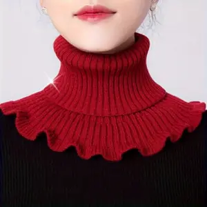 1pc Women's Mock Turtleneck Scarf - Windproof Thermal Winter Neck Warmer with Elastic Ruffled Collar, Red & Black Contrast for Casual Outings, Mature Style Fashion Accessory, Elastic Neckwear, Durable Knitwear