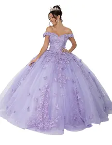 75709 Lilac Butterfly Quinceanera Dress Off-the-Shoulder Gown with Delicate Appliques and Romantic Sweetheart Neckline