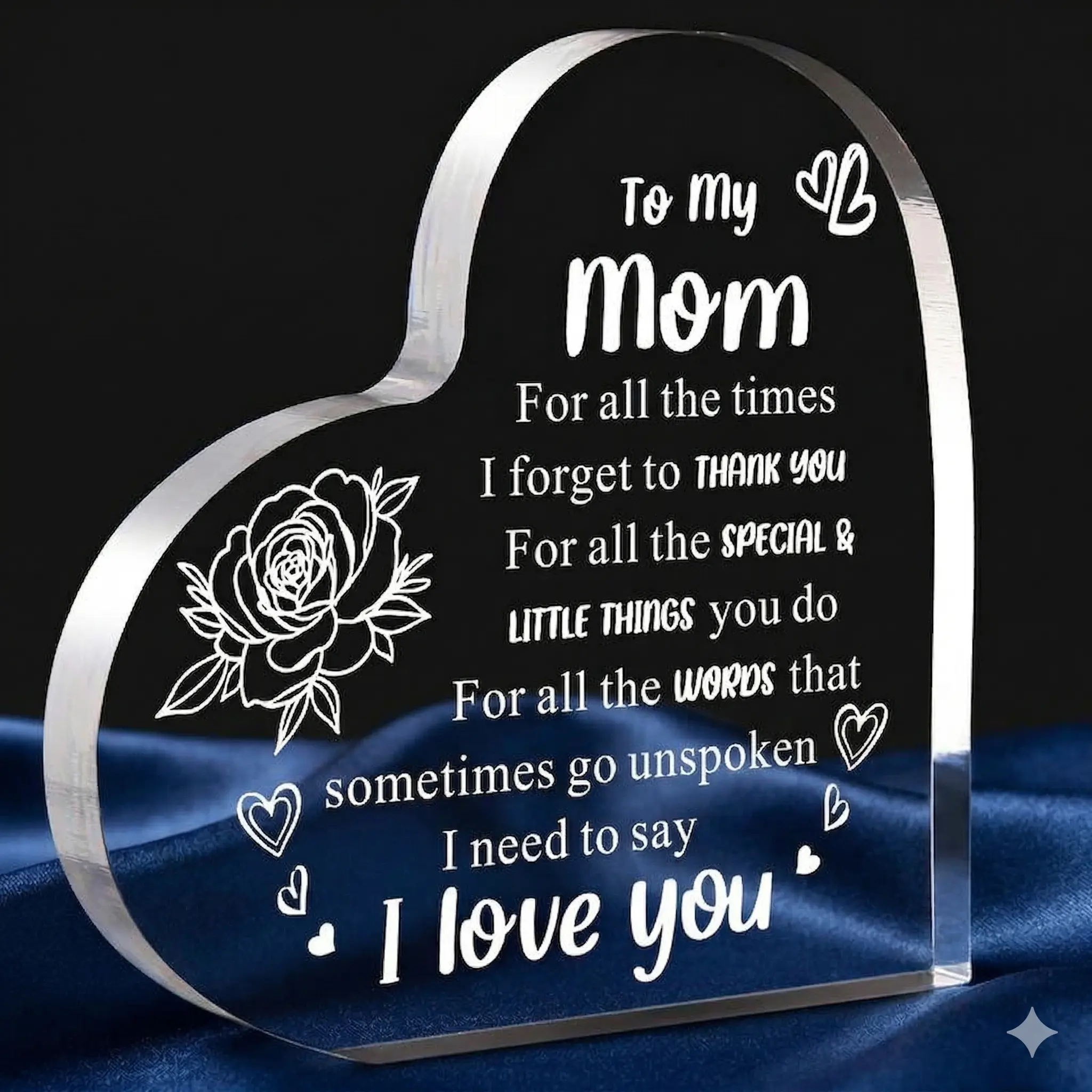 Heart Shaped Acrylic Decoration Block with Flower Pattern Inspirational Gift for Mom Dad Delicate Birthday Father's Day Anniversary Christmas Desk Office Home Decor I Love You Signs Light