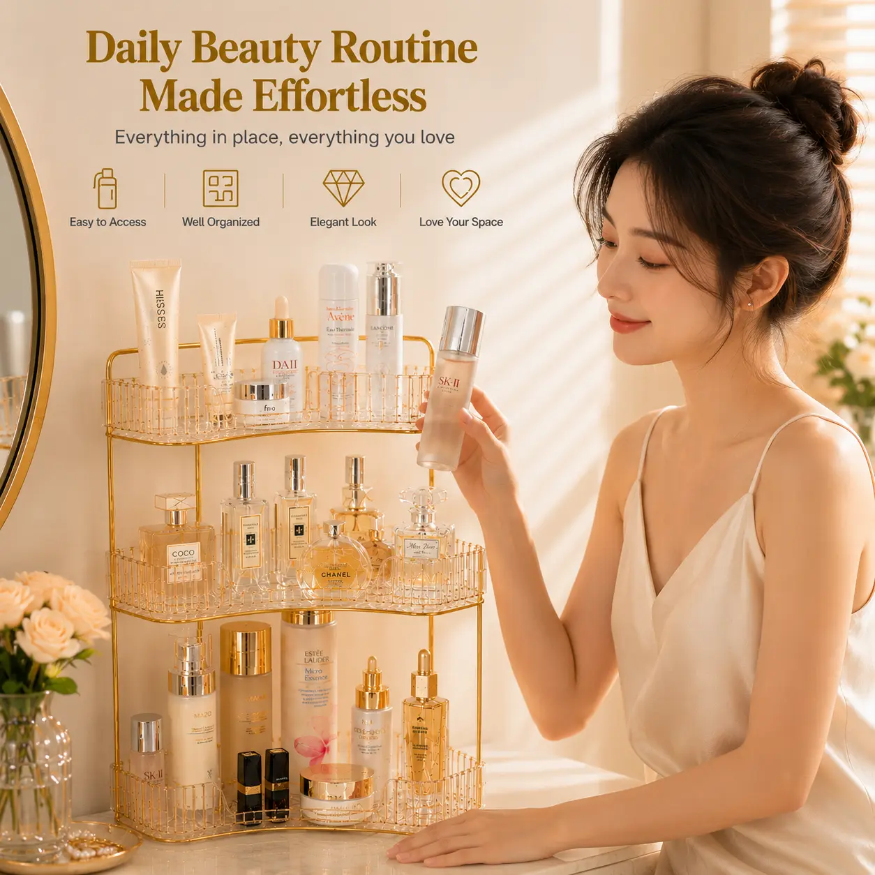 3-Tier Corner Bathroom Counter Organizer, Clear Acrylic Vanity Storage Shelf with Gold Metal Frame, Space Saving Makeup Organizer for Skincare, Perfume, Cosmetics and Toiletries cabinet rack space-saving kg capacity organization shoe unit